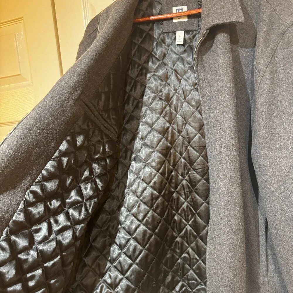 Gap Jacket Pea Coat Men Large Black Wool‎ Blend Full Zip Quilt Lined warm - Picture 3 of 8